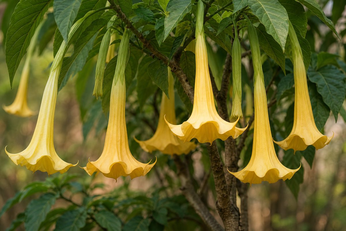 Brugmansia aurea — Fleurs pendantes en trompette du brugmansia.