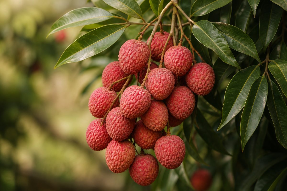 Litchi chinensis — Grappe de litchis à écorce rouge verruqueuse.